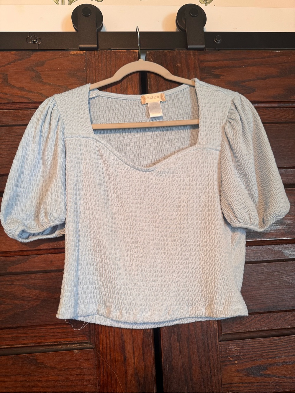 Altar'd State Powder Blue Smocked Puff Sleeve Square Neck Top